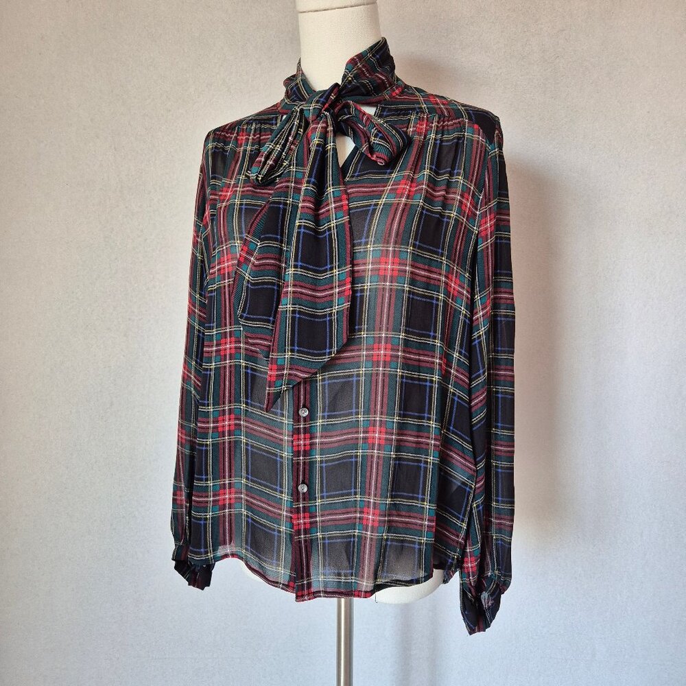 Polo by Ralph Lauren Black Navy Red Plaid Tie-Neck Blouse - Picture 2 of 13